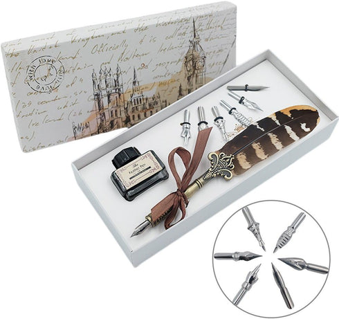 Quill Pen and Ink Set Feather Pen with Ink and 6pcs Nibs Calligraphy Pens for Beginners for Lettering,Drawing, Journaling, Signing, Invitation HO-...