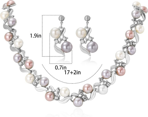 Glass Pearl Necklace and Earring Set,Collar De Perlas para Mujer,Faux Pearl Jewelry Set for Women (Silver)...