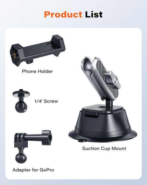 Suction Cup Mount for Gopro iPhone, Anti-Shake Metal Arm Car Camera Mount with 1/4 Thread & Phone Holder, Car Boat Windshield Window VLOG/Video Ho...