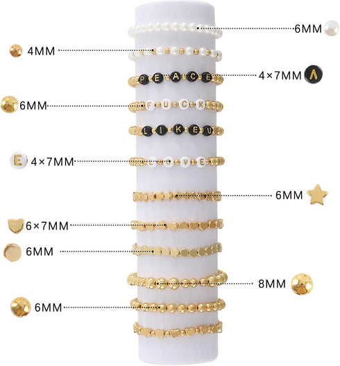Whaline 1500Pcs Gold Spacer Beads Kit 10 Styles Bracelets Making Beads Assorted Gold White Black Spacer Beads Star Flat Beads Alphabet Letter Bead...