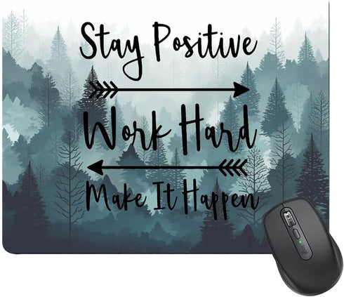 Misty Forest Mouse Pad, Stay Positive Work Hard and Make It Happen Motivational Pad, Square Waterproof Non-Slip Rubber Base MousePads Office Lapto...