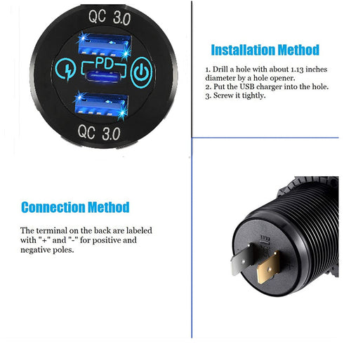Switchtec 3 Charger Sockets (2 ea QC 3.0 USB, 1 ea Super-Fast Type C PD) 12v24 wTouch Switch Enclosed in Waterproof Aluminum Housing Boats, 26.7 i...