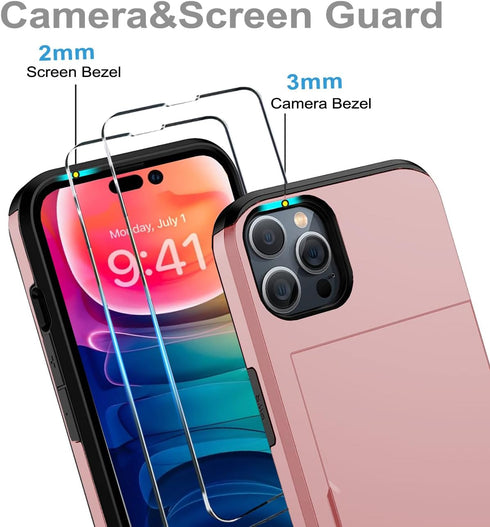 for iPhone 15 Pro Wallet Case with Card Holder + 2 Tempered Glass Screen Protector, Heavy Duty Protective Dual Layer Shockproof Hidden Card Slot S...