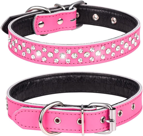 Rhinestones Dog Collar, Adjustable Sparkly Crystal Studded Genuine Leather Pet Dog Collar for Small and Medium Breeds (M fit Neck 12-15", Hot Pink...