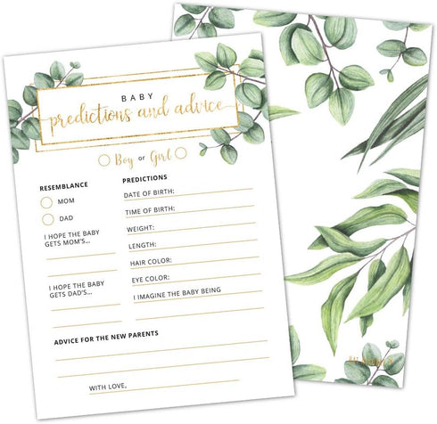 Baby Predictions and Advice Cards - Set of 50 Double-Sided Baby Prediction Cards for Baby Shower Games Greenery Watercolor Design Baby Shower Pred...