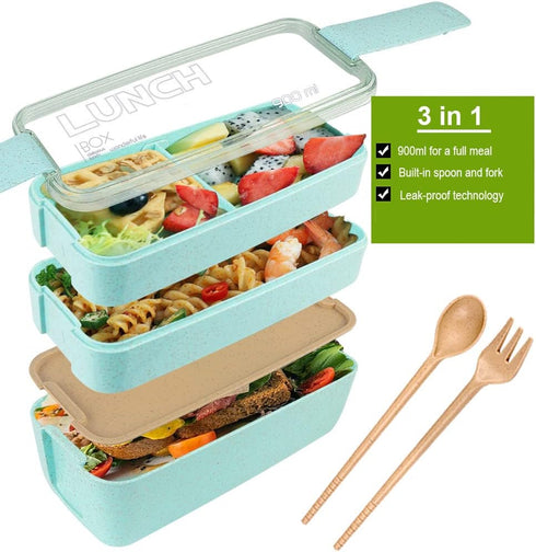 Iteryn Bento Box Lunch Box, 3-In-1 Compartment Lunch Containers - Wheat Straw, Leakproof Stackable Bento Lunch Box for Meal Prep...