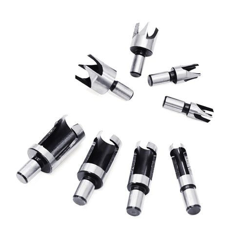 8Pcs Wood Plug Cutter Drill Bit Set Carbon Steel Titanium Coated Woodworking Chamfer Drill Bits Straight and Tapered Taper 5/8" 1/2" 3/8" 1/4" Cut...