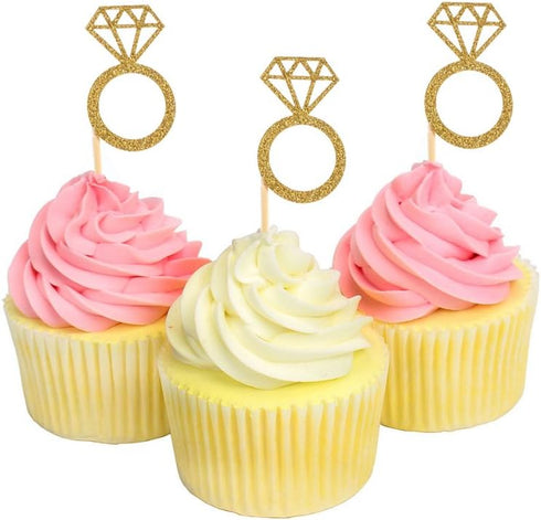 50 Pack Cupcake Toppers Gold Glitter Mini Diamond Ring Cakes Toppers for Marriage Engagement Anniversary Birthday Valentines Party Cake Decor...
