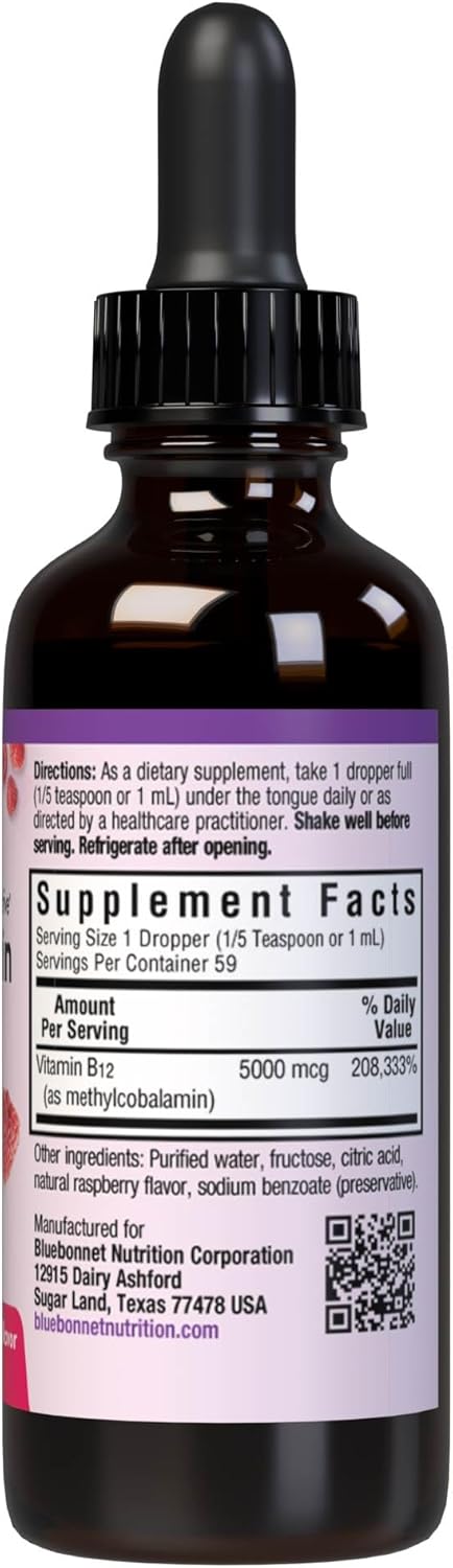 Bluebonnet Liquid Methylcobalamin Vitamin B12 5000 mcg Active Coenzyme Form of Vitamin B 12 Liquid Drops Energy Supplement for Women & Men - Vegan...