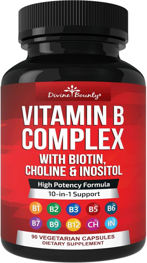 Divine Bounty Super B Complex Vitamins - All B Vitamins Including B12, B1, B2, B3, B5, B6, B7, B9, Folic Acid - Vitamin B Supplement - Support Hea...