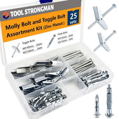 25Sets Toggle Bolt and Molly Bolt, Wing Nut Kit, Assorted Heavy Duty Wall Anchors Assortment Kit, Zinc Plated Steel Hollow Drive Wall Anchor kit f...