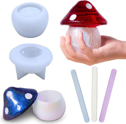 Mushroom Jars Silicone Molds with Lid DIY Epoxy Casting Crafts for Storage Box Candy Jewelry Container Mushroom Mold + 3 Stirring Rod...