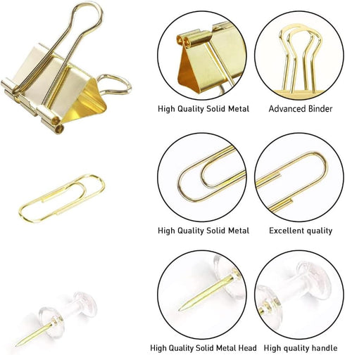 Gold Paper Clips and Binder Clips Set, Metal Assorted Sized Binders with Push Pins, Cute Gold Office Supplies for Desk, Desk Accessories...