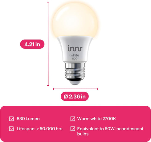 innr E26 Smart LED Bulb White, Zigbee Light Bulb, Works with Philips Hue*, Amazon Echo (4th Gen), and SmartThings, 830 Lumen, A19 Dimmable, 2-Pack...