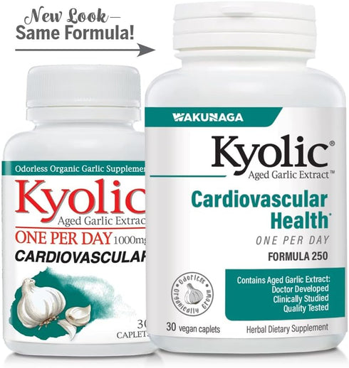 Kyolic Aged Garlic Extract Formula 250, Cardiovascular Health, One Per Day, 30 Vegan Capsules (Packaging May Vary)...