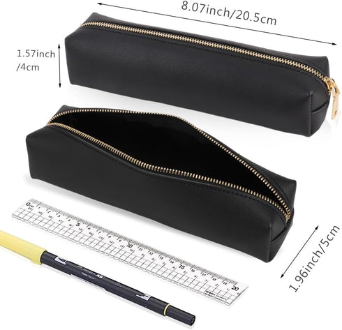 Oyachic Pencil Case PU Leather Cosmetic Makeup Bag Work Small Pen Pouch Zipper Storage Box Adults Desk Organizer Pens,Pencils,Markers (Black)...