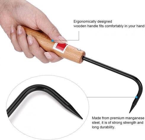 Bonsai Root Hook, 22cm Manganese Steel Single Claw Gardening Hook Root Pick Rake Bonsai Tool Handle Weeder with Comfortable Wooden Handle for Outd...
