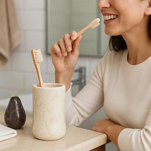 Creative Home Natural Champagne Marble Curvy Collection Tumbler Toothbrush Holder Makeup Brush Holder Bathroom Countertop Organizer, Beige, 3.3 Di...