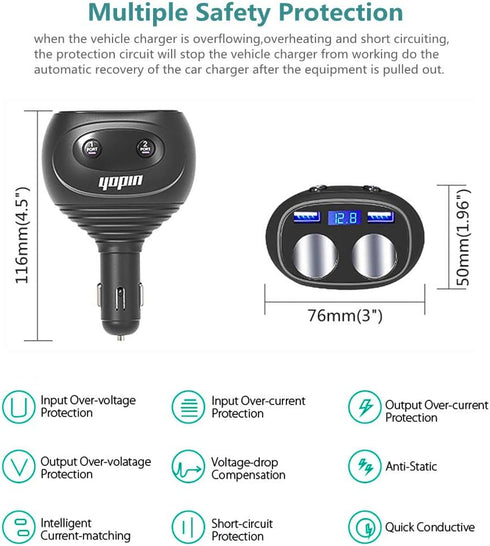 2 Sockets Cigarette Lighter Splitter, QC3.0+5V 2.4A Dual USB Car Charger, Separate Switch Voltage Display, 12/24V 80W Power Adapter Compatible iPh...