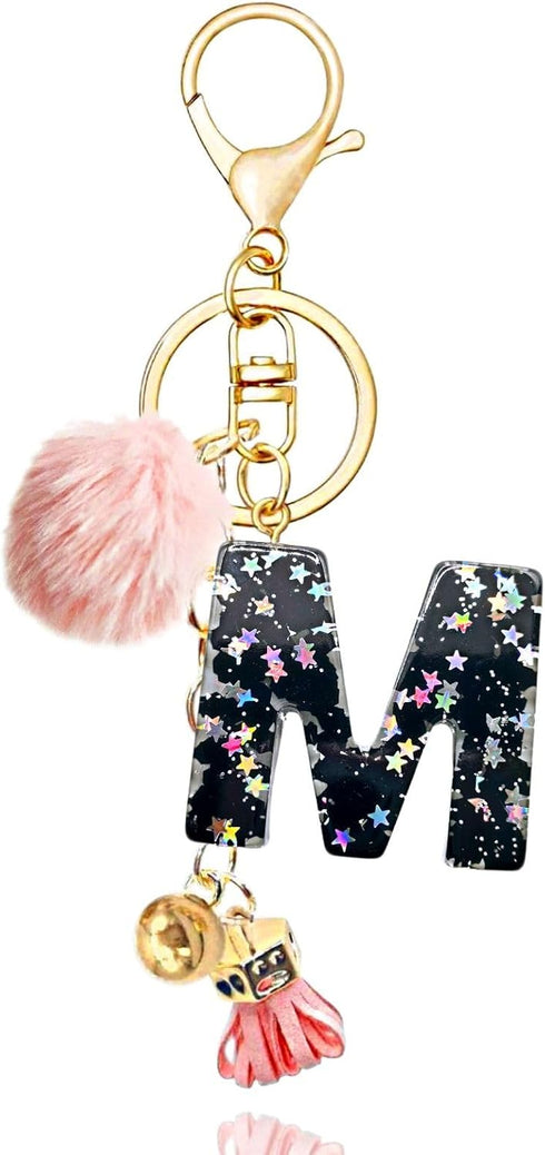 Black Alphabet Initial Letter Keychain Star Pink Tassel Charm with Fur Ball Pom Pendant Keyring for Purse Keys...