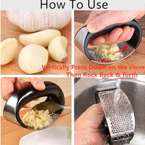 Garlic Press Rocker Stainless Steel, 3-in-1 Garlic Mincer+ Garlic Peeler Silicone+ Brush, Garlic Pounding Tool Mincer Masher Clove Mincing Crusher...