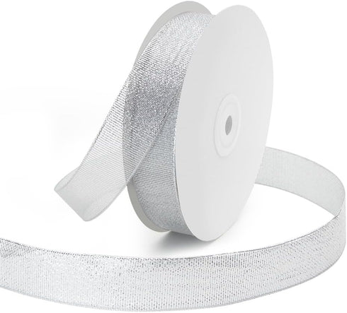 1 inch x 50 Yards Glitter Metallic Silvery Ribbon, Sparkly Metallic Fabric Ribbons Silver Metallic Ribbons for Gifts Wrapping, Sewing, Party Decor...