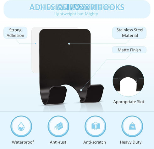 VIS'V Shower Wall Razor Holder, Metal Adhesive Razor Hooks for His and Hers, Waterproof, Black, 2 Pcs...