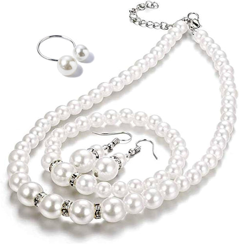 Tatibana 4 Pcs Pearl Jewelry Set 1920s Costume Jewelry Pearl Necklaces Pearl Hoop Earring Pearl Bracelet Pearl Ring for Women Wedding Jewelry Sets...