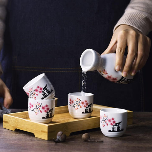 Old Craftsmen's 5 Pcs Japanese Sake Set 200ml Sake Bottle and 50ml Sake Cup Set Traditional Hand Painted Design Porcelain Pottery Ceramic Soju Cup...