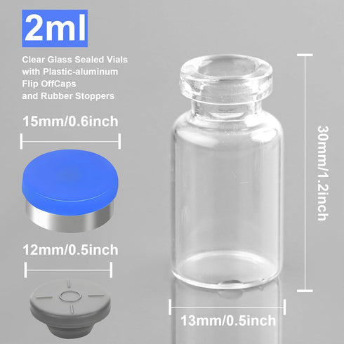 2ml Sealed Vials with Self Healing Injection Port and Plastic-Aluminum Flip Caps,Glass Empty Vials for Injection 10 Pack...