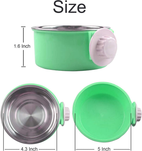 2 Pack Green Crate Dog Bowl, Stainless Steel & Plastic Bowl, Hanging Food & Water Feeder, 5 inch Diameter, 150g Capacity...