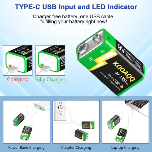 9V Rechargeable Batteries, High Capacity 1300mAh (2024 New Version) Rechargeable 9 Volt Square Batteries for Smoke Detector/Alarms,Metal Detector,...
