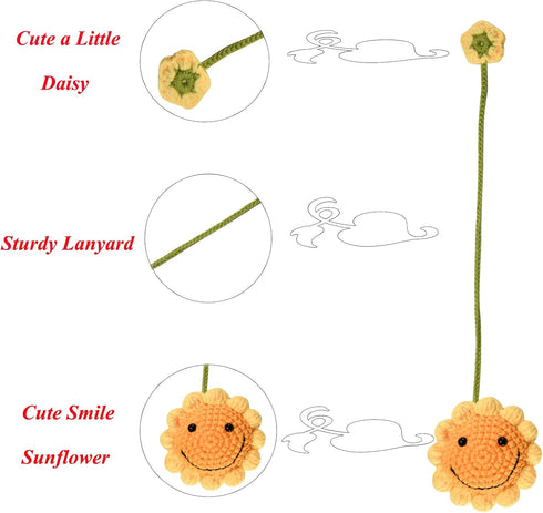 Car Interior Rear View Mirror Ornament Hanging Accessories Handmade Aesthetic Decor Crochet Sunflower Plant, 2 PCS...