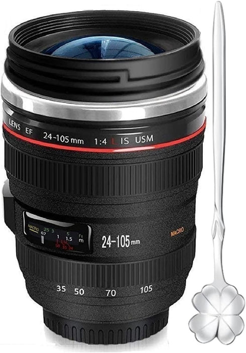 Camera Lens Coffee Mugs,Stainless Steel Lens Cups with Four Leaf Clover Spoon,Novelty Christmas Gifts for Photographers Sweeties Dad Men Women Pho...