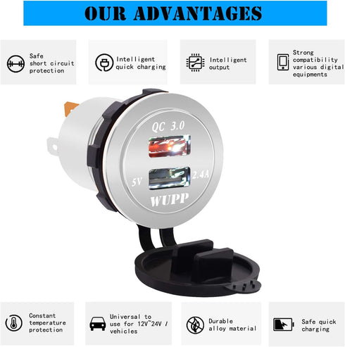 Upgraded Aluminum Alloy Fast Charging 3.0 USB Charger Socket IP66 Waterproof Dual USB Power Outlet with QC 3.0 USB Port & 5V 2.4A Port Led Light f...