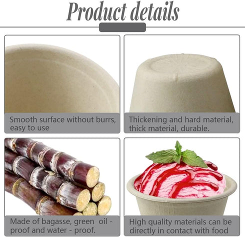 100 Pack Natural Bagasse Fiber Bowls,4oz Small Disposable Paper Cups Microwavable Safe Sample Snack Charcuterie Serving for Sauce Portion Ice Crea...