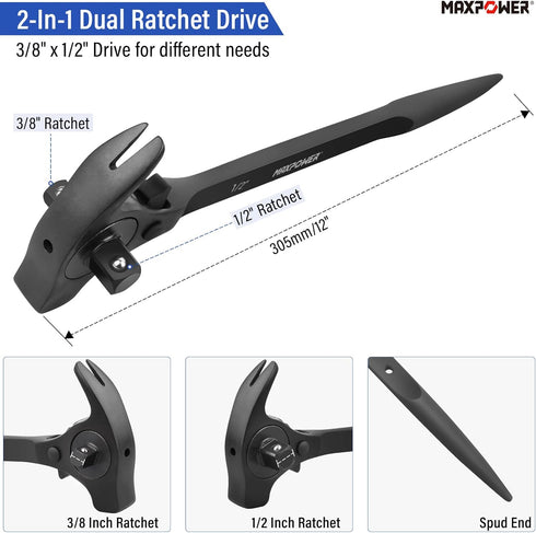 MAXPOWER 1/2" and 3/8" Drive Scaffold Ratchet Wrench, Podger Spanner with Claw Hammer, Crowbar, Pry Bar and Nail Puller Functions...