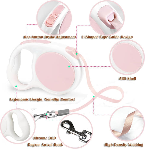 Pink Retractable Dog Leash 10 ft for Small and Medium Dogs and Cats, One Button Brake, Pause, Lock by LFCXHTY...
