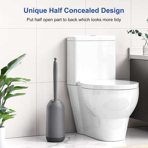 HAMITOR Toilet Bowl Brush holder Set: Deep Cleaning Silicone Toilet Cleaner Scrubber Under Rim with Curved Bristle for Bathroom Dead Corner Clean ...