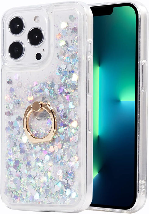 Glitter Case with Ring Holder Compatible with iPhone 13 Pro Max Glitter Case Clear Ring Holder Kickstand Soft TPU Rubber Bumper Bling Girly Women ...