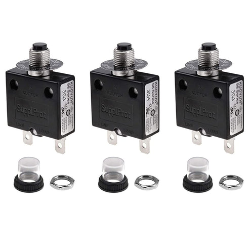 30 Amps Thermal Circuit Breaker, Thermal Overload Protector Push Button Manual Reset Circuit Breaker 32V DC 125/250V AC 30A 3Pcs...