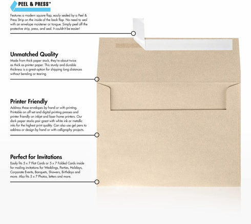 LUXPaper A7 Invitation Envelopes | Peel & Press | 5 1/4" x 7 1/4" | Taupe Metallic | 80lb. Text | 50 Qty...