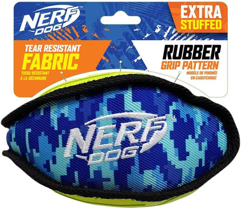 Nerf Dog 7in Tuff Rubber Dog Toy Football, Nylon Camo Plush Football, Green/Blue...