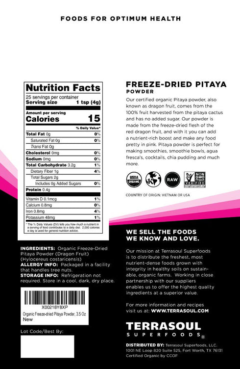 Terrasoul Superfoods Organic Freeze-Dried Pitaya Powder (Dragonfruit), 3.5 Oz - Vibrant Color | Antioxidants | Vitamin C...