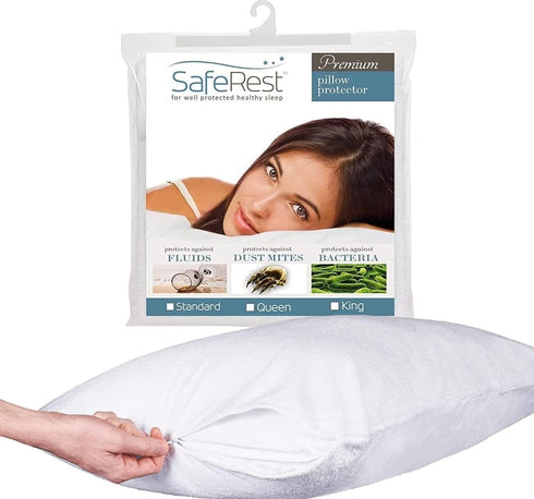 SafeRest Pillow Protector - Pack of 1 - Standard Size Waterproof Pillow Cover - Zippered Pillow Encasement for College Dorm Room, New Home, First ...