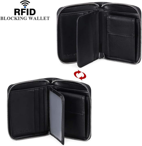 FALAN MULE Wallets For Men Genuine Leather Short RFID Blocking Zip-around Bifold Wallet?Black?...