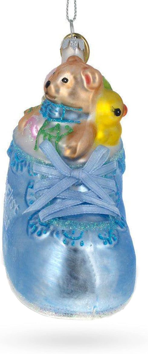Teddy Bear Nestled in a Blue Shoe for Baby's First Glass Christmas Ornament...