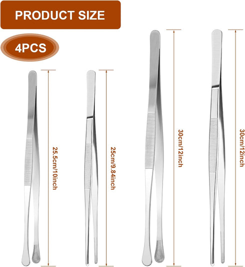 4 Pcs Kitchen Fine Tweezer Tongs, AHIER 12” and 10” Stainless Steel Food Tweezers Set, Long Food Chef Tweezers Cooking Tweezers for Surgical, Cook...