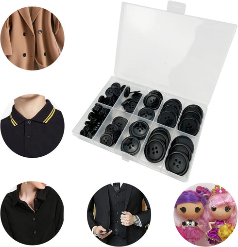 100Pcs Black Sewing Buttons,4-Hole Craft Buttons, 5 Sizes,with Compartment Storage Box, Suitable for Sewing,Suit coat shirt buttons?DIY Decoration...