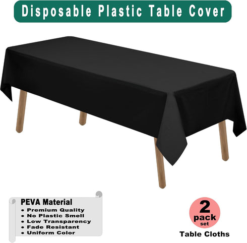 PARTY ULYJA Black Plastic Tablecloths 2 Pack Disposable Table Covers 54 x 108 Inch PEVA Opaque Table Cloths for BBQ Picnic Birthday Wedding Banque...